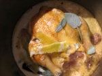 browned bird in the pot with milk and seasonings